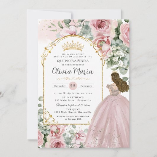 赤面ピンクローゼスフローラ金ゴールドキンセアニラスウィート16 招待状 (正面)