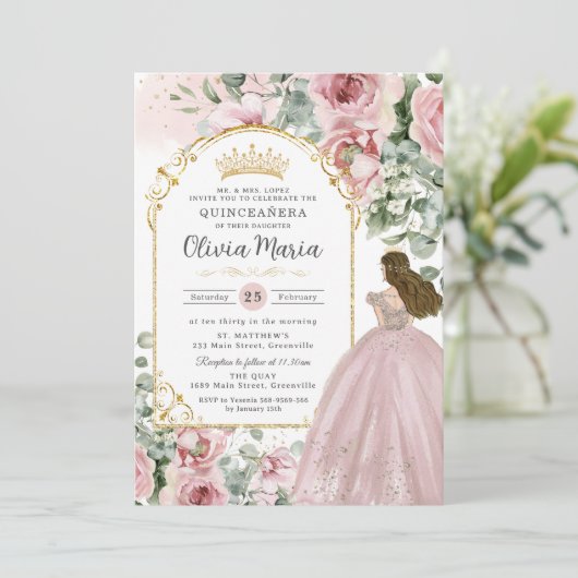 赤面ピンクローゼスフローラ金ゴールドキンセアニラスウィート16 招待状 (スタンド正面)