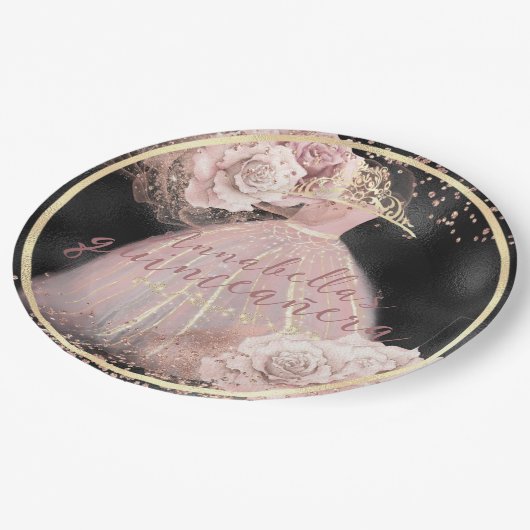 赤面ピンクローゼズオンブラック&金ゴールドクインセアニラ ペーパープレート (アングル)