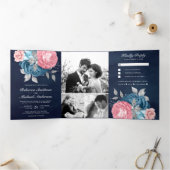 赤面ピンクローゼズダスティブルーブルーフローラネイビー結婚ズ 三つ折り招待状 (内部)