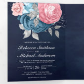 赤面ピンクローゼズダスティブルーブルーフローラネイビー結婚ズ 三つ折り招待状 (内部最初)