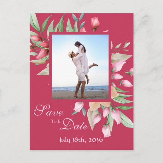 赤面ピンクローゼズSave the Date 結婚's 案内ポストカード (正面)