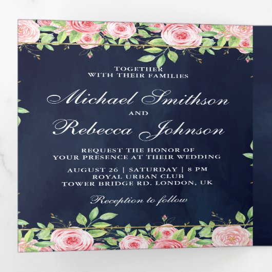 赤面ピンクローゼネイビーブルーフォトコラージュ結婚ズ 三つ折り招待状 (内部最初)