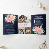 赤面ピンクローゼフォトコラージネイビー結婚ズ 三つ折り招待状 (内部)