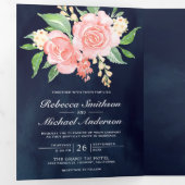 赤面ピンクローゼフォトコラージネイビー結婚ズ 三つ折り招待状 (内部最初)