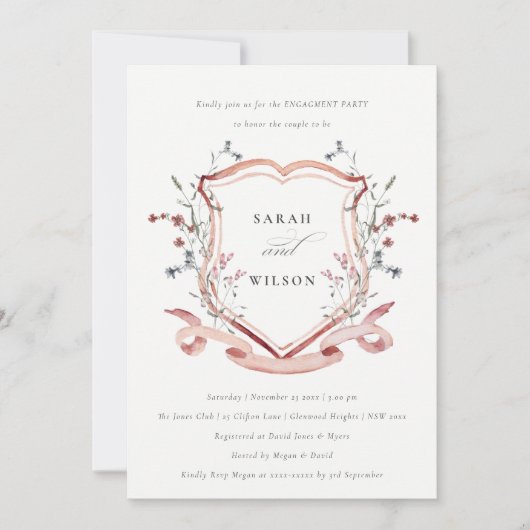 赤面ピンクワイルドフラワーウォーターカラークレスト婚約 招待状 (正面)