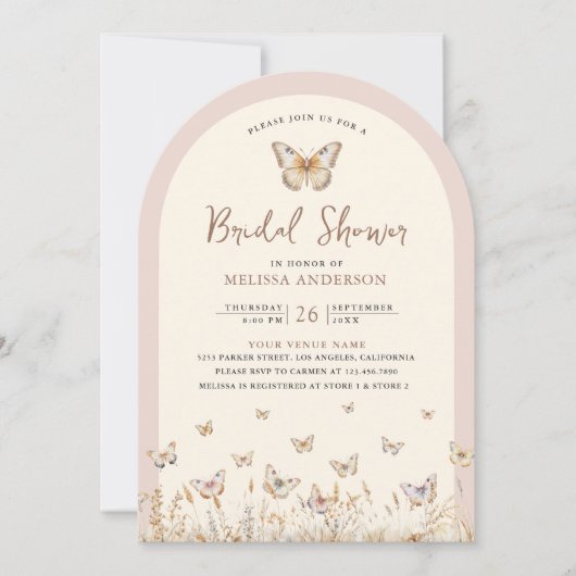 赤面ピンクワイルドフラワーバタフライアーチブライダルシャワー 招待状 (正面)