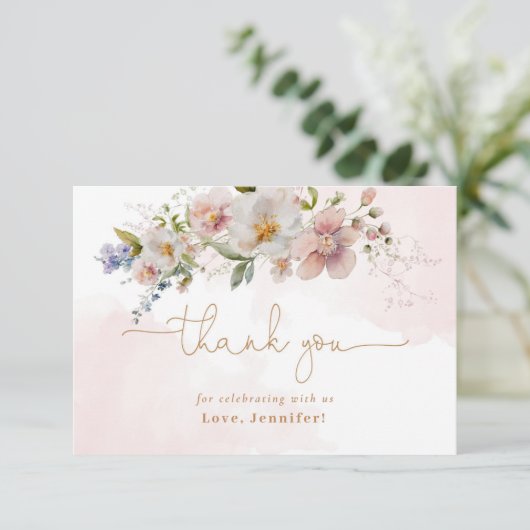 赤面ピンクワイルドフラワーバースデー感謝していユー カード (スタンド正面)