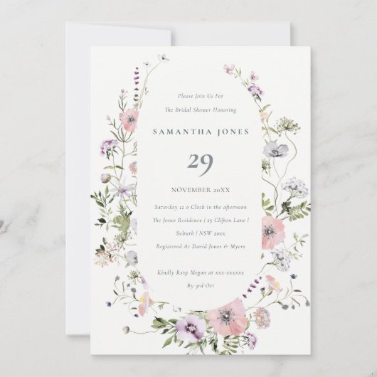 赤面ピンクワイルドフラワーフレームブライダルシャワー招待状 サンキューカード (正面)
