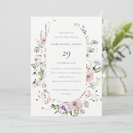 赤面ピンクワイルドフラワーフレームブライダルシャワー招待状 サンキューカード (スタンド正面)