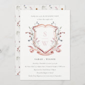赤面ピンクワイルドフラワーモノグラムクレスト婚約 招待状 (正面/裏面)