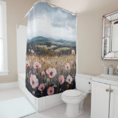 赤面ピンクワイルドフラワーランドスケープ シャワーカーテン (インサイチュ)