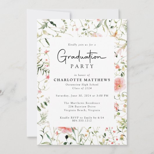 赤面ピンクワイルドフラワー写真卒業パーティー 招待状 (正面)