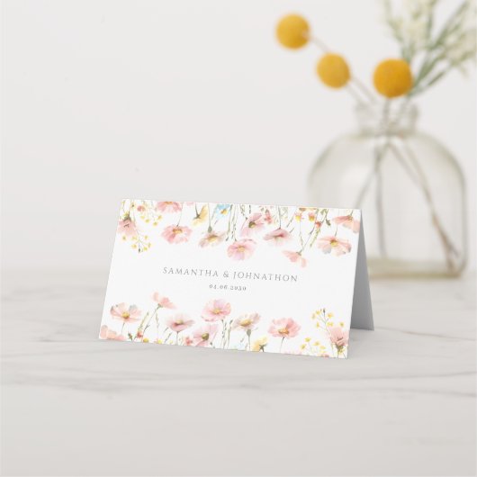 赤面ピンクワイルドフラワー結婚の折り畳み座席表 プレイスカード (裏面)
