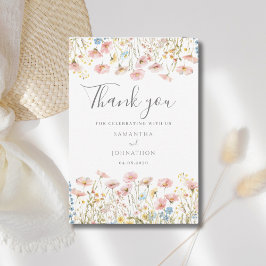 赤面ピンクワイルドフラワー結婚ズフラットサンキューカード サンキューカード