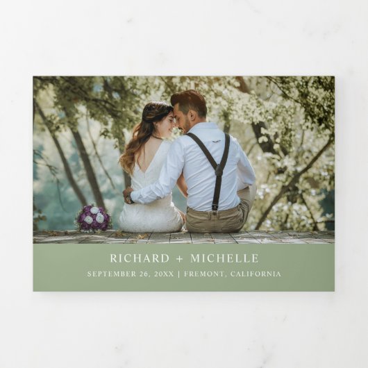 赤面ピンクワールドマップセージグリーンインワン結婚ズ 三つ折り招待状 (カバー)