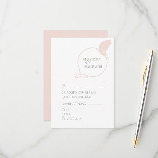 赤面ピンクヴィンテージアールヌーボーバタフ結婚ィーズ 出欠カード (正面/裏面インサイチュ)