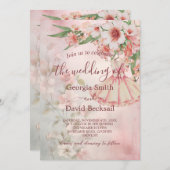 赤面ピンクヴィンテージドレスQRコード結婚ズ 招待状 (正面/裏面)