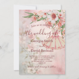 赤面ピンクヴィンテージドレスQRコード結婚ズ 招待状