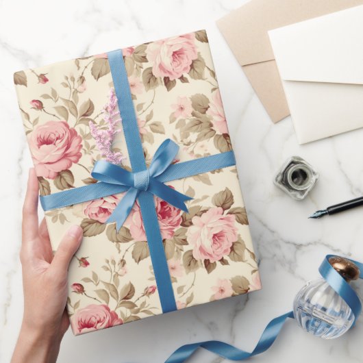 赤面ピンクヴィンテージバラ ラッピングペーパー (ギフト)