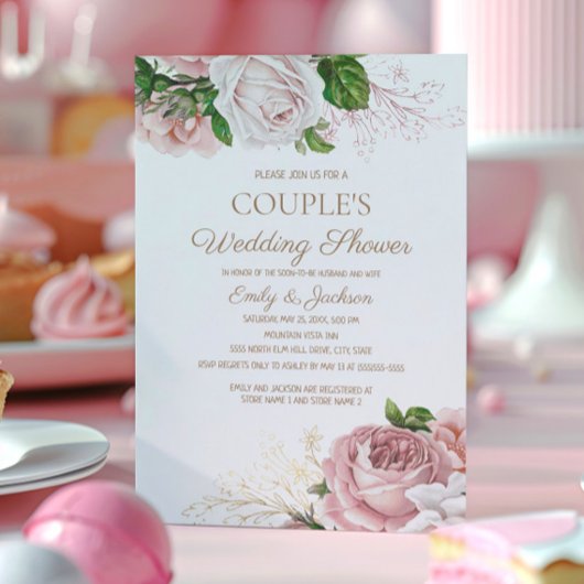 赤面ピンクヴィンテージフローラカップルのウェディングシャワー 招待状