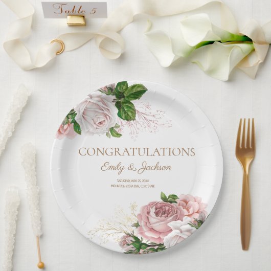 赤面ピンクヴィンテージフローラカップルのブライダルシャワー ペーパープレート (ウェディング)