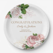 赤面ピンクヴィンテージフローラカップルのブライダルシャワー ペーパープレート (正面)