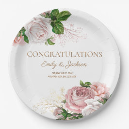 赤面ピンクヴィンテージフローラカップルのブライダルシャワー ペーパープレート