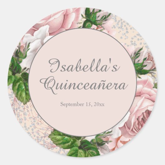 赤面ピンクヴィンテージフローラグリッターキンセアニラ ラウンドシール (正面)