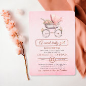 赤面ピンクヴィンテージフローラベビーキャリッジベビーショウ 招待状