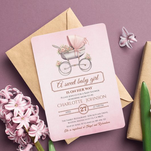 赤面ピンクヴィンテージフローラベビーキャリッジベビーショウ 招待状