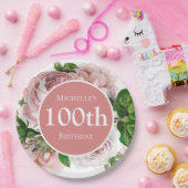 赤面ピンクヴィンテージフローラ緑100誕生日 ペーパープレート (パーティー)