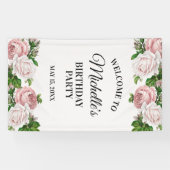 赤面ピンクヴィンテージフローラ誕生日パーティーへようこそ 横断幕 (横)