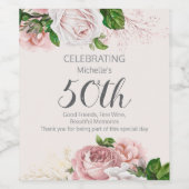 赤面ピンクヴィンテージフローラ50誕生日 ワインラベル (シングルラベル)