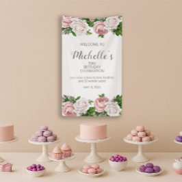 赤面ピンクヴィンテージフローラ50th誕生日へようこそ 横断幕