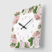 赤面ピンクヴィンテージ水彩フローラ白 スクエア壁時計 (傾斜)
