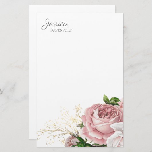 赤面ピンクヴィンテージ水彩フローラ 便箋 (正面/裏面)