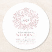 赤面ピンク円葉スケッチモノグラム結婚ス ラウンドペーパーコースター (正面)