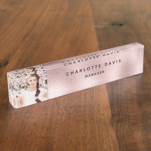 赤面ピンク写真モノグラムモダン社員 デスクネームプレート (側面)