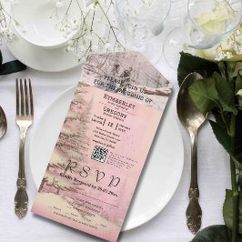 赤面ピンク冬の雪の松の木の写真QRコード オールインワン招待状