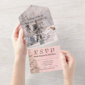 赤面ピンク冬の雪の松の木の写真QRコード オールインワン招待状 (貼ってはがせる)