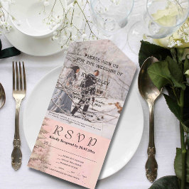 赤面ピンク冬の雪の松の木クリスマスフォト オールインワン招待状