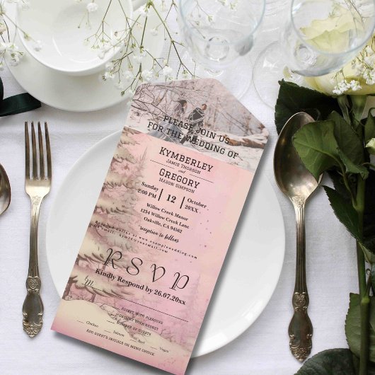 赤面ピンク冬の雪の松の木クリスマスフォト オールインワン招待状