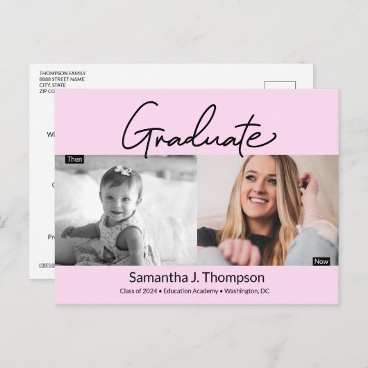赤面ピンク卒業と今の卒業写真 案内ポストカード (正面/裏面)