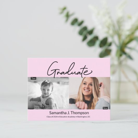 赤面ピンク卒業と今の卒業写真 案内ポストカード (スタンド正面)