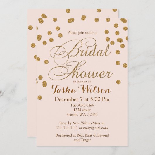 赤面ピンク及び金ゴールドグリッターブライダルシャワー招待状 招待状 (正面/裏面)