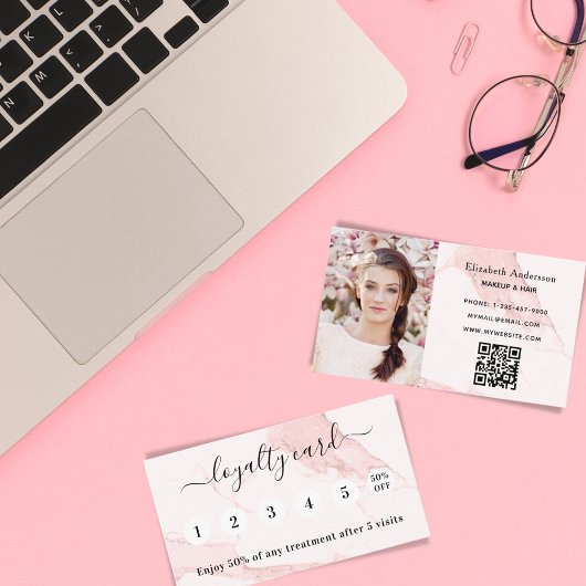 赤面ピンク大理石のqrコード写真ロイヤリティカード 名刺