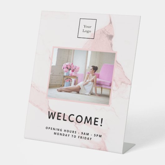 赤面ピンク大理石ビジネスのロゴの写真へようこそ 台座サイン (正面)