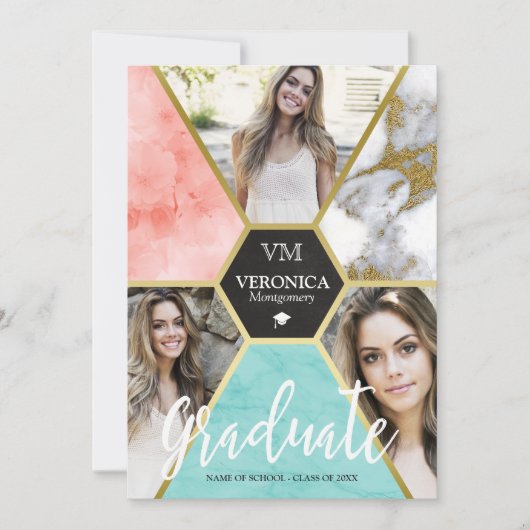 赤面ピンク幾何学写真コラージュ卒業 案内状 (正面)