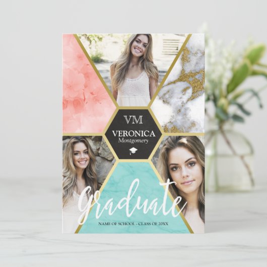 赤面ピンク幾何学写真コラージュ卒業 案内状 (スタンド正面)